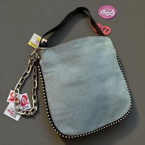 INZI Studded Denim Shoulder Bag Leather Trim Chain Accent
